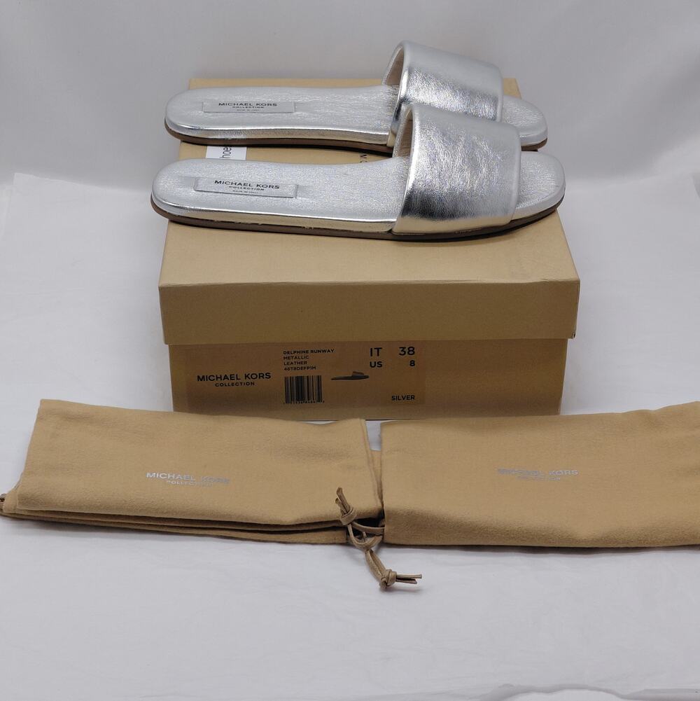 Michael Kors Collection Womens Sandals IT 38/US 8 Silver Metallic Runway Slides